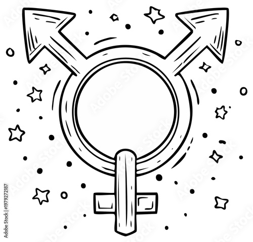 Symbol of transgender in a hand-drawn style, gender identity sign, male and female identity union icon with stars and dots around it.