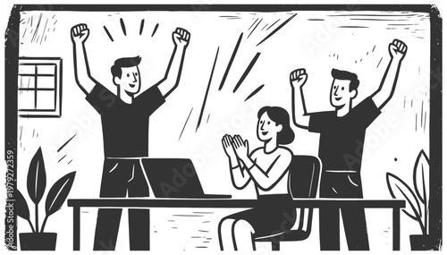 business professionals celebrating success around a laptop, expressing achievement, teamwork, and positive workplace results sketch engraving generative ai vector illustration. Black and white image.