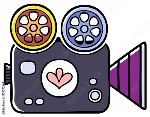 Cartoon Movie Camera with Film Reels and Lens Icon