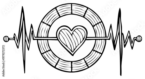 Heartbeat pulse graphic with life preserver and heart shape