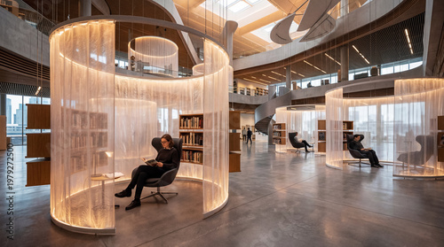Library silence curtains creating private zones in open space