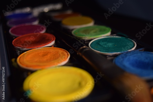 watercolor paints and brushes