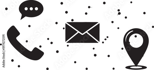 Communication icons on a white background with black dots