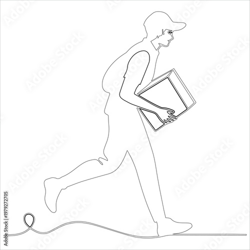 A courier running while carrying a large package in an urban setting