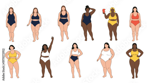 Diverse group of women in various swimsuits celebrating body positivity and self confidence on a white background.