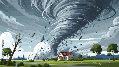 Powerful massive tornado funnel cloud destroying a small house in a rural farm landscape under a stormy sky.