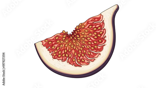 Close up cross section slice of a fresh purple fig fruit showing the intricate red interior and golden seeds.
