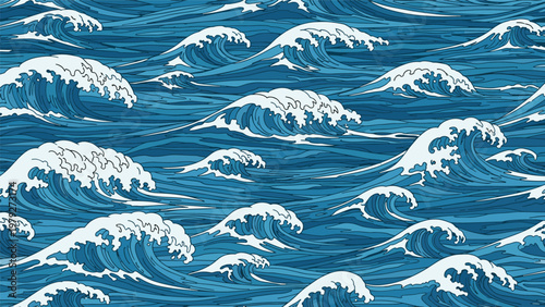 Seamless repeating pattern of traditional blue ocean waves in a classic Japanese woodblock print art style.