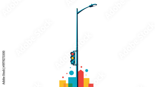 Modern blue street light pole with a traffic signal attached standing above colorful abstract city building shapes on a white field.