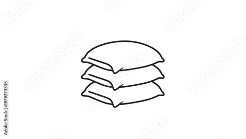 Simple black and white line art illustration showing a stack of three soft pillows arranged neatly on a blank white background space.
