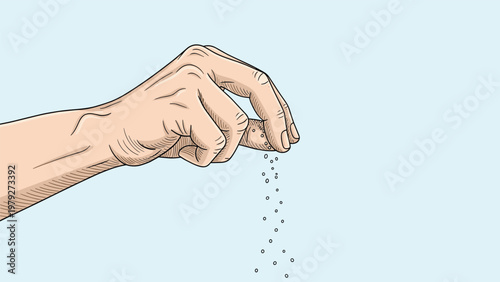 Human hand captured in mid-action sprinkling salt sugar or spice granules against a soft light blue background in a sketch style.