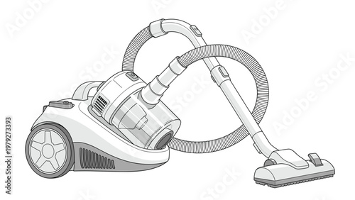 Modern canister vacuum cleaner with a long hose and brush attachment illustrated in a detailed gray and white technical line drawing.