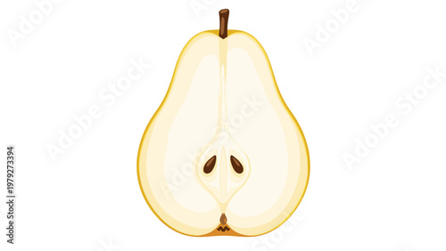 Half of a ripe yellow pear sliced vertically to reveal the core and two brown seeds in the center against a white background area.