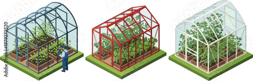 Greenhouse Garden Structures Collection with Glasshouses and Growing Plants Indoor Farming Agriculture Flat Vector Illustration Set