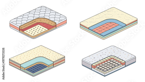 Educational diagram showing the internal cross-section layers and materials of four different types of modern bed mattresses.
