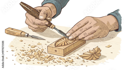 Hands carving a small wooden object with carving tools creating a decorative piece