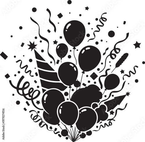 Black and White Celebration Party Balloons and Confetti Illustration