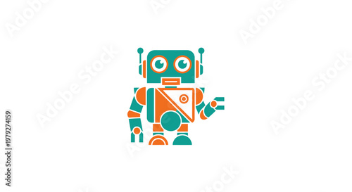 A colorful robot with orange accents.