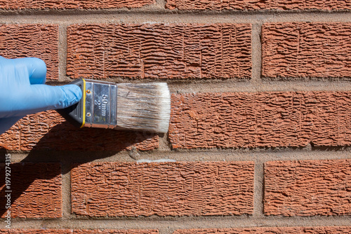 Person sealing an exterior brick wall with a clear waterproof sealant, using a paint brush. Do it yourself home improvement concept.