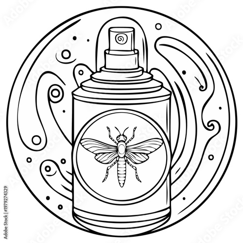 Insect spray can with wasp illustration in circular design line art