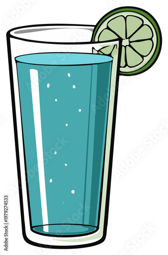 Illustration of a tall glass of sparkling blue drink with a lime slice garnish.