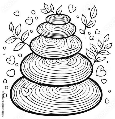 Stacked Zen stones with leaves and hearts in a meditative art illustration