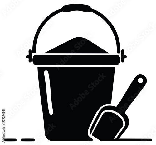 Filled Bucket and Scoop Black Silhouette Icon Simple Design for sandpit, sand box, beach game, playground,  or sand craft.