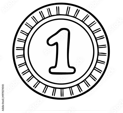 Black and white coin with the number one in the center