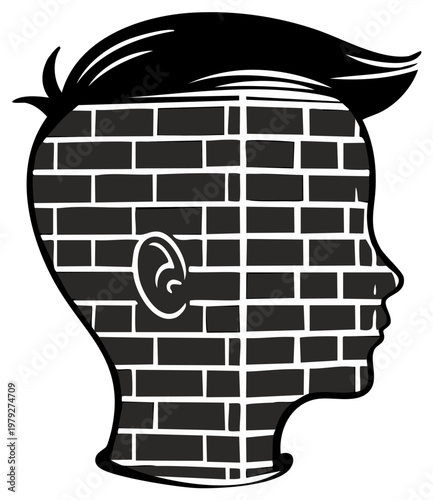 Brick Wall Mindset Illustration Young Man's Profile Conceptual Design Symbolizing Mental Barriers