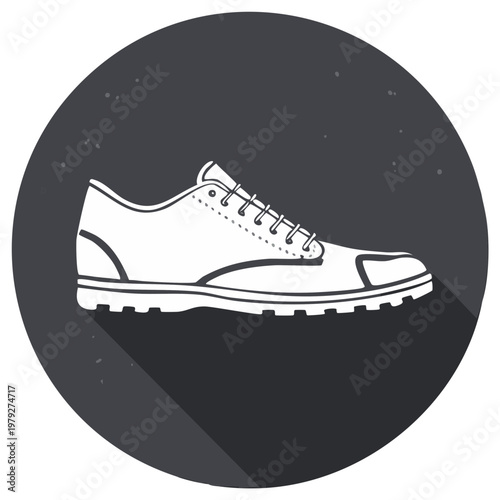 Illustration of a classic leather oxford shoe with laces and a textured sole in a circular dark background