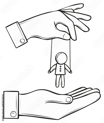 Hands manipulating a small puppet figure and one hand receiving it, control and power concept illustration