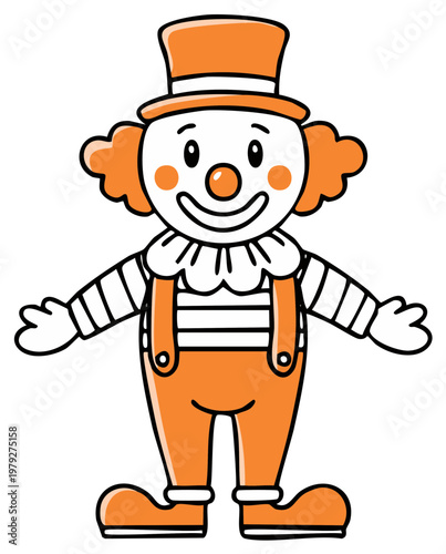 Friendly cartoon clown character in orange costume and top hat smiling and waving