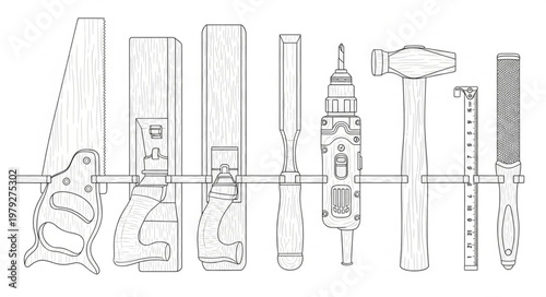Various tools on a workbench.