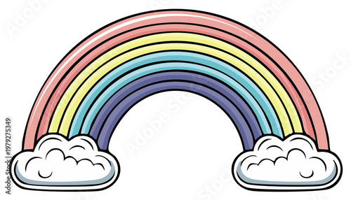 Cartoon rainbow with fluffy clouds. Colorful illustration for weather concept and design