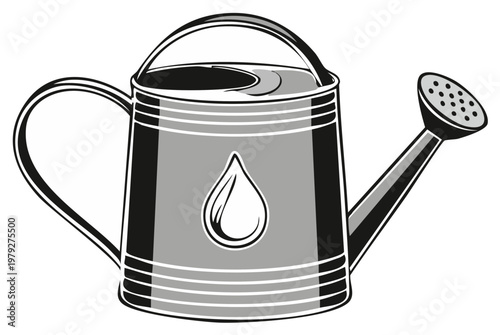 Illustrated watering can with water drop emblem, gardening equipment concept