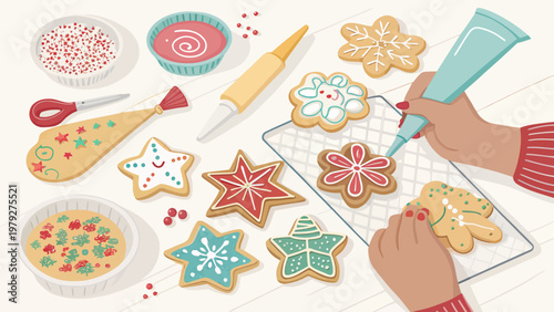 Hands decorating christmas cookies with icing bags and colorful sprinkles on a baking sheet