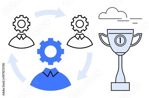Teamwork concept. Teamwork with process automation icons and collaboration symbols, culminating in a trophy for high achievement. Perfect for success, management, or leadership visuals