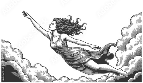 woman floating or flying through clouds, symbolizing freedom, imagination, dreams, and aspiration sketch engraving generative ai vector illustration. Scratch board imitation. Black and white image.