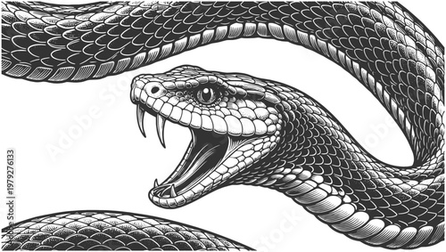 coiled snake with intricate scale patterns, combining bold lines and a slightly surreal, expressive reptile design sketch engraving generative ai vector illustration. Scratch board. Black and white.