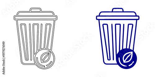 Trash Can Icon with Organic Waste Leaf Symbol Minimalist Navy Blue Outline Style