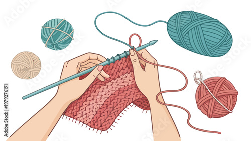 Hands knitting with yarn balls needles on a white background hobby and leisure activity with pink and blue yarn