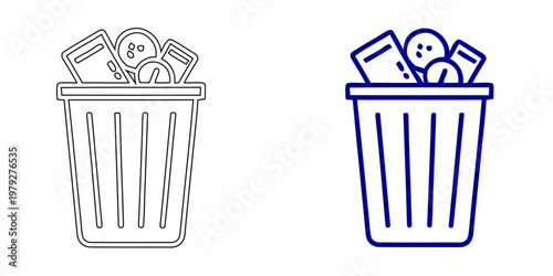 Trash Can Icon with Mixed Waste and Discarded Items Navy Blue Outline Style