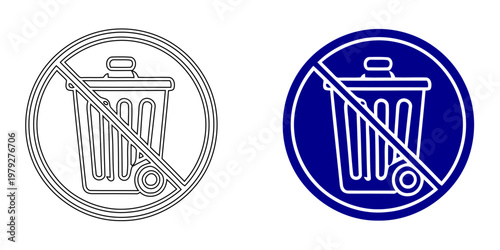 No littering prohibition sign with trash bin icon in navy blue minimalist vector line art style