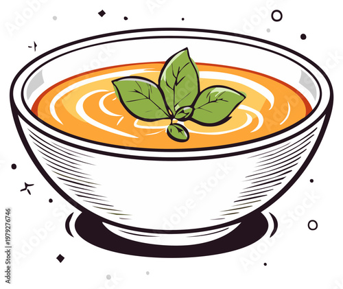 Bowl of creamy vegetable soup with fresh basil garnish, vector icon illustration