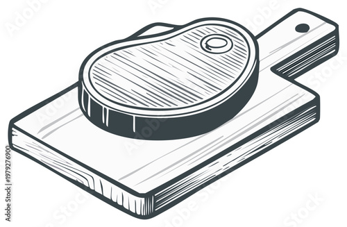 Hand drawn illustration of a raw beef steak on a wooden cutting board