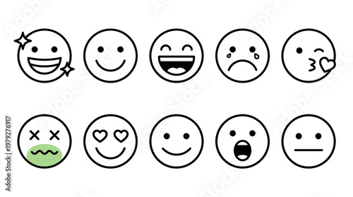 Collection of ten circular emoji faces expressing a wide range of emotions: joy, laughter, love, sadness, surprise, nausea, and more.