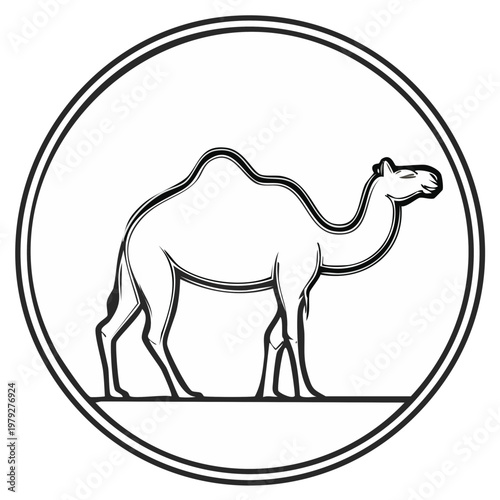 Minimalist black and white camel line art illustration in a circle icon. Stylized dromedary standing.
