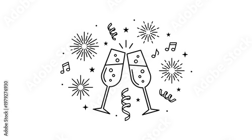 Hand-drawn celebration illustration of two champagne flutes clinking amid confetti, fireworks and music notes