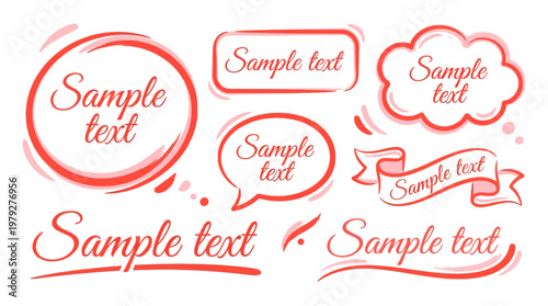 Set of red cursive calligraphy sample text labels, circular stamps, and decorative banners for branding, invitations, and design projects