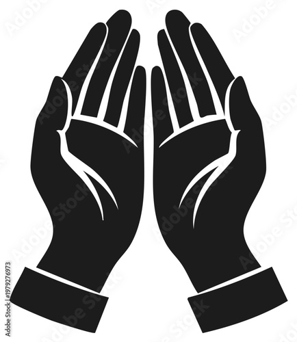 Two human hands cupped open, a simple black icon symbolizing prayer, giving, or receiving